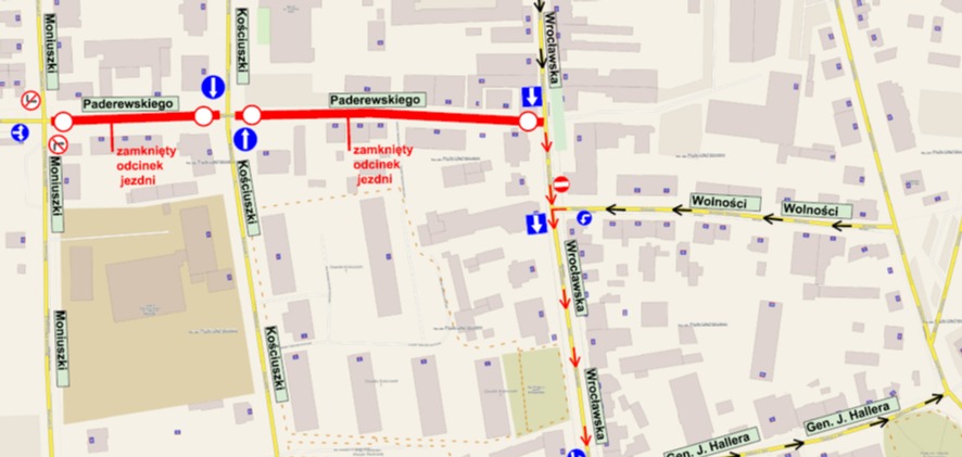 Zmiana organizacji ruchu na ul. Wrocławskiej, zamknięcie ul. Paderewskiego